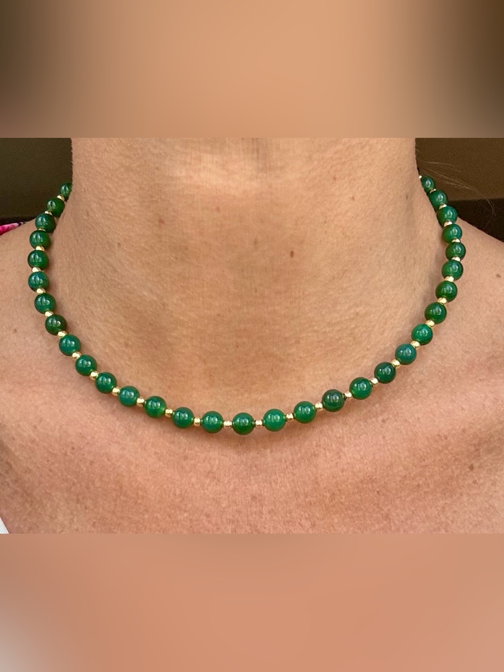 Natural Green Agate Beaded Necklace with Gold-filled Accents and Clasp